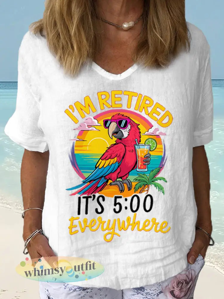 Dames Ik ben met pensioen Het is 5 uur overal papegaaienprint casual shirt met korte mouwen - Wit / S