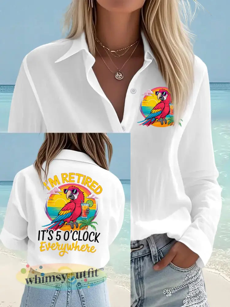 Dames Ik ben met pensioen Het is 5 uur overal papegaaienprint casual shirt - Wit / S