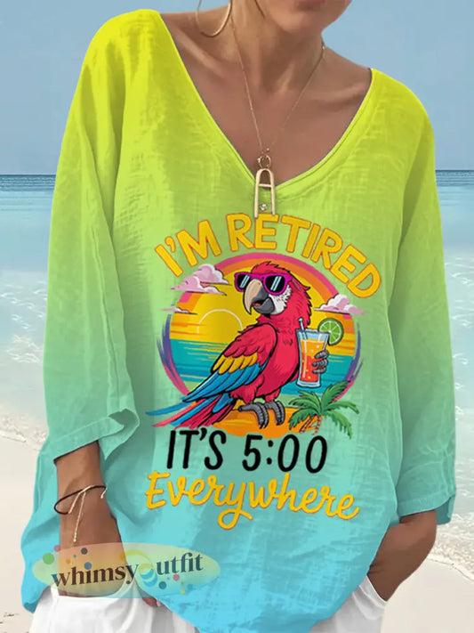 Dames Ik ben met pensioen Het is 5 uur overal papegaaienprint casual top - Blauw-Groen / S