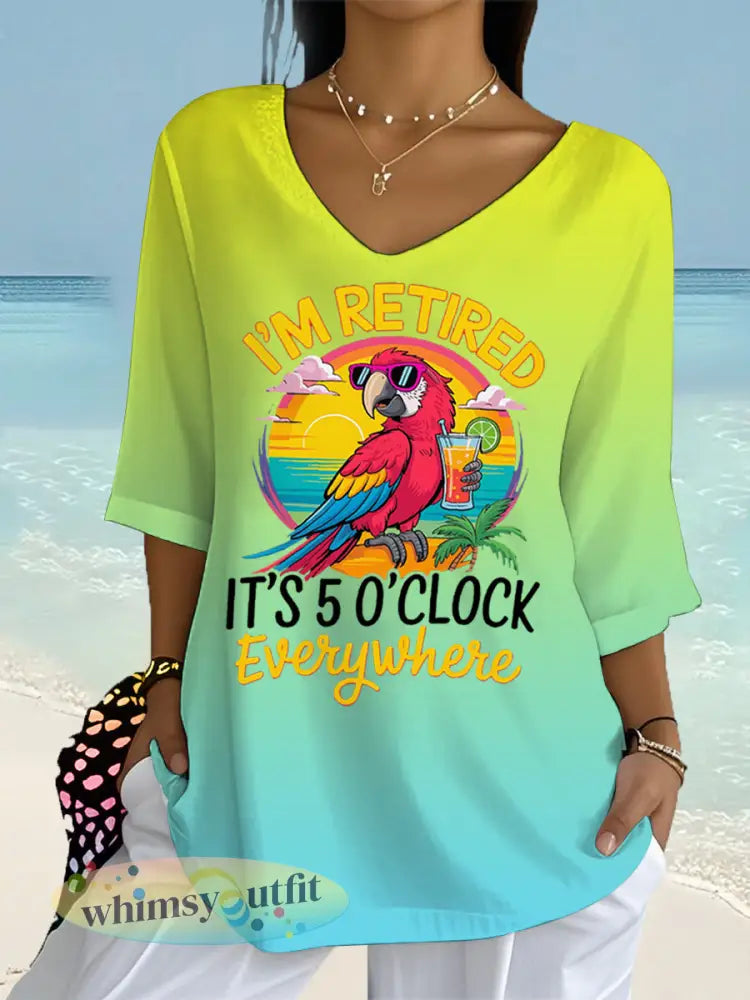 Dames Ik ben met pensioen Het is 5 uur overal papegaaienprint casual top met halve mouwen - blauwgroen / S