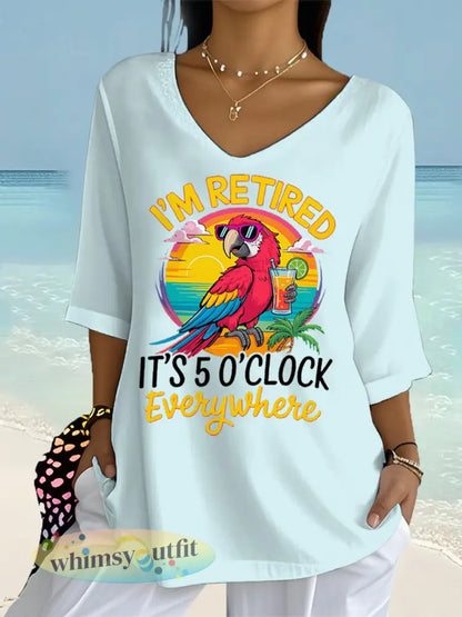Dames Ik ben met pensioen Het is 5 uur overal papegaaienprint casual top met halve mouwen - lichtblauw / S