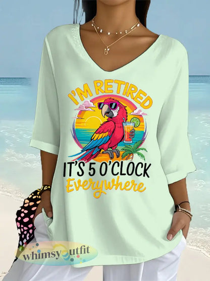 Dames Ik ben met pensioen Het is 5 uur overal papegaaienprint casual top met halve mouwen - lichtgroen / S
