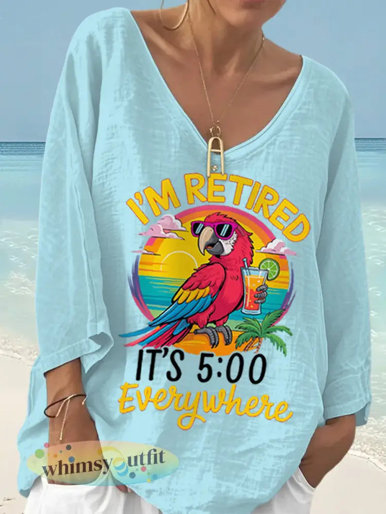 Dames Ik ben met pensioen Het is 5 uur overal papegaaienprint casual top - Lichtblauw / S