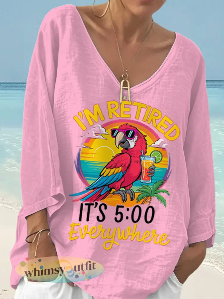 Dames Ik ben met pensioen Het is 5 uur overal papegaaienprint casual top - Roze / S