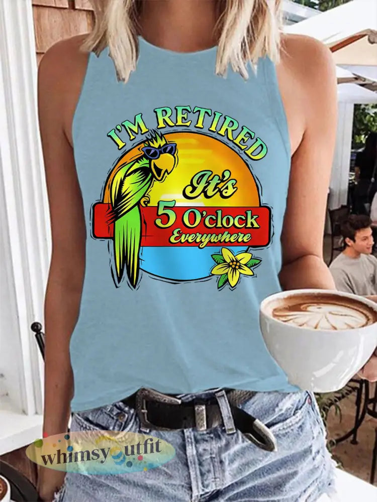 Dames Ik ben met pensioen Het is 5 uur overal papegaaienprint casual vest - Lichtblauw / S