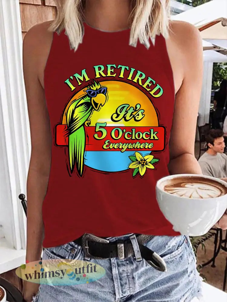 Dames Ik ben met pensioen Het is 5 uur overal papegaaienprint casual vest - Rood / S