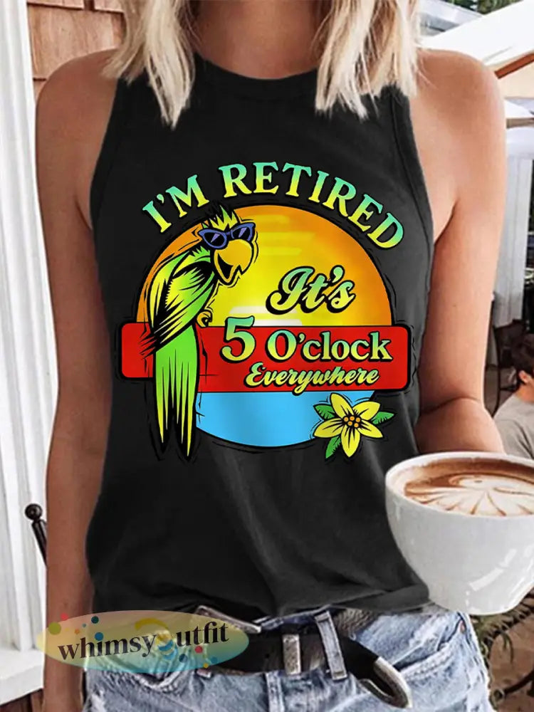 Dames Ik ben met pensioen Het is 5 uur overal papegaaienprint casual vest - Zwart / S