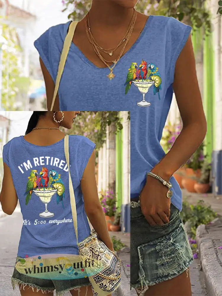 Dames Ik ben met pensioen Het is 5 uur overal Parrot Print Casual Mouwloos T-shirt - Blauw / S