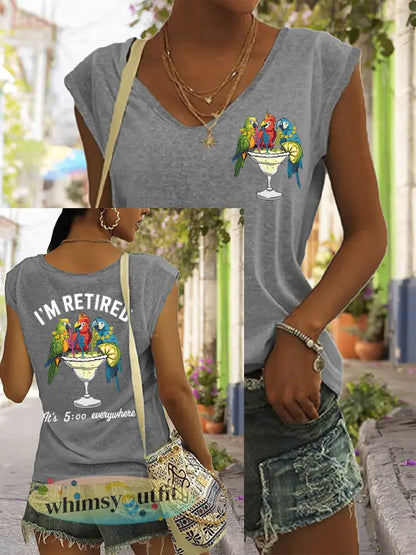 Dames Ik ben met pensioen Het is 5 uur overal Parrot Print Casual Mouwloos T-shirt - Grijs / S