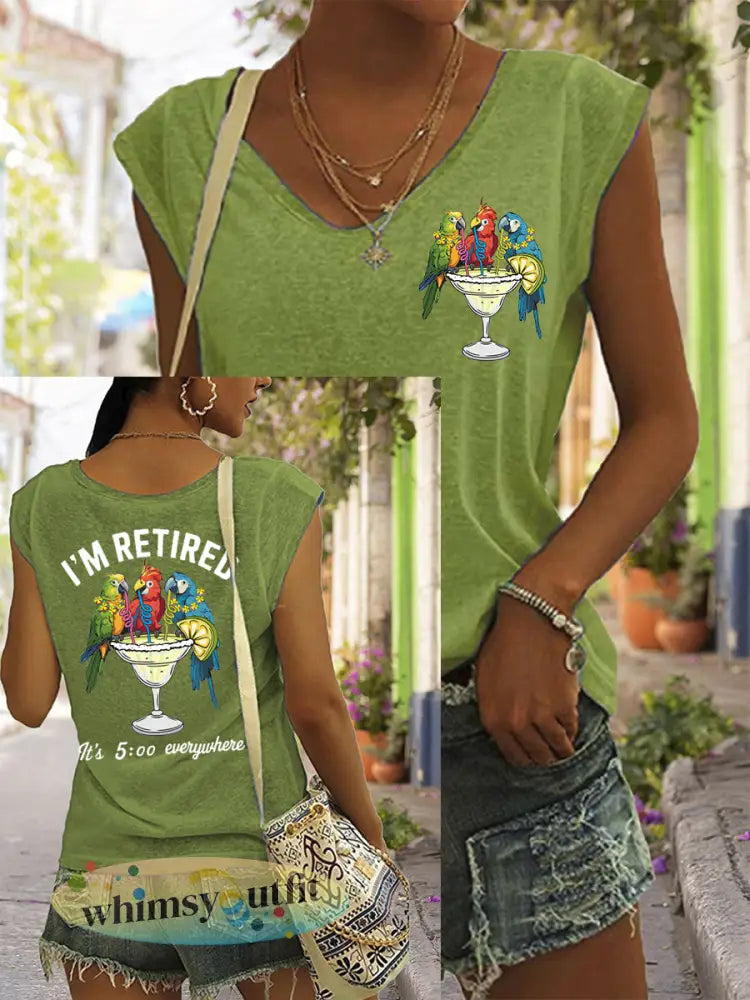 Dames Ik ben met pensioen Het is 5 uur overal Parrot Print Casual Mouwloos T-shirt - Groen / S