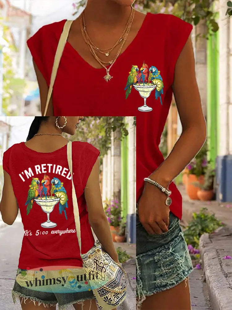 Dames Ik ben met pensioen Het is 5 uur overal Parrot Print Casual Mouwloos T-shirt - Rood / S