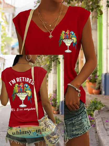 Dames Ik ben met pensioen Het is 5 uur overal Parrot Print Casual Mouwloos T-shirt - Rood / S