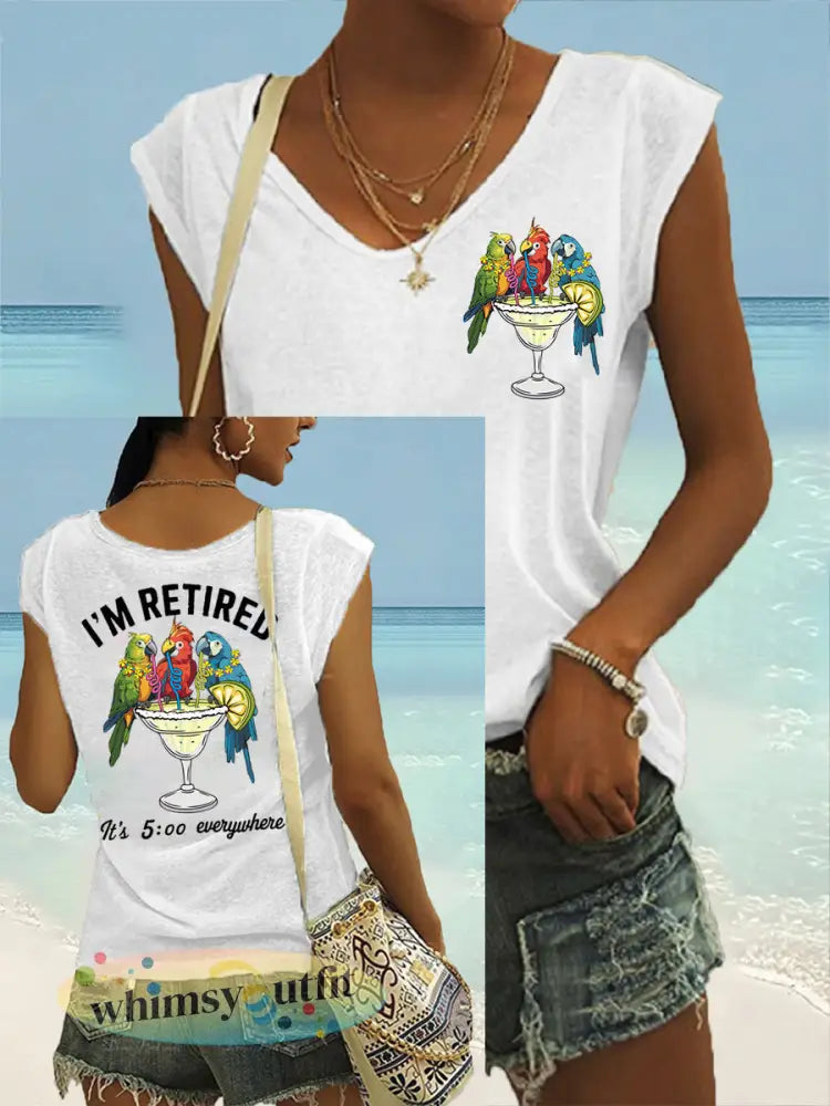 Dames Ik ben met pensioen Het is 5 uur overal Parrot Print Casual Mouwloos T-shirt - Wit / S