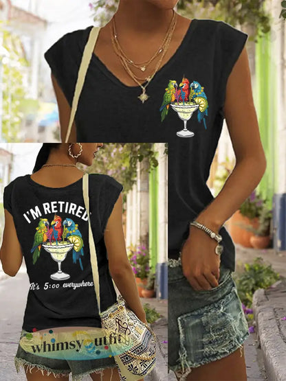 Dames Ik ben met pensioen Het is 5 uur overal Parrot Print Casual Mouwloos T-shirt - Zwart / S