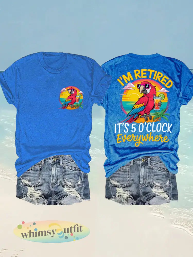 Dames Ik ben met pensioen Het is 5 uur overal Parrot Print Casual T-shirt - Blauw / S