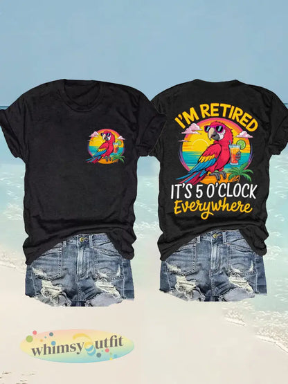 Dames Ik ben met pensioen Het is 5 uur overal Parrot Print Casual T-shirt - Zwart / S
