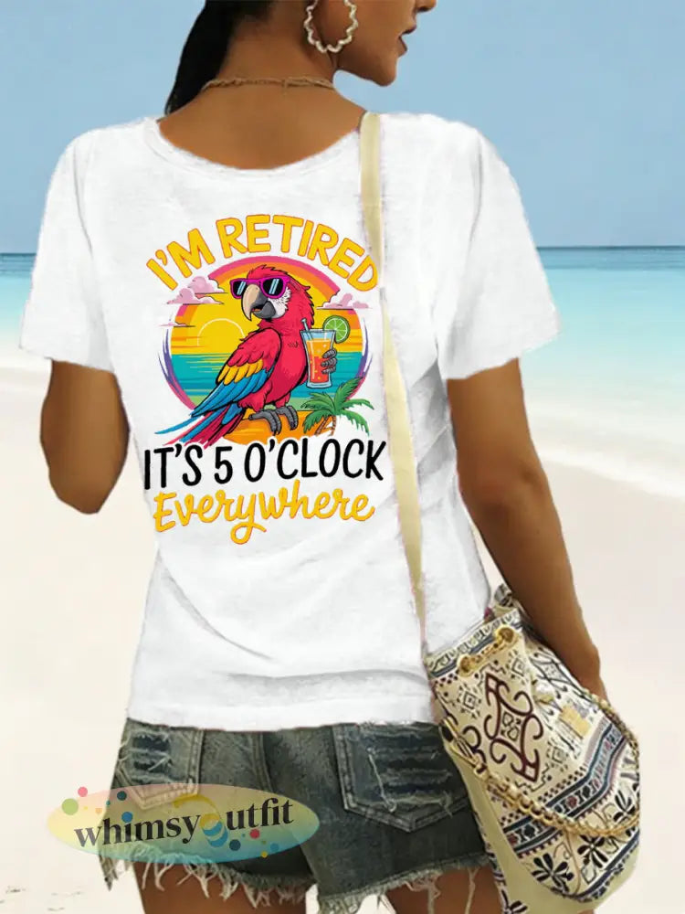 Dames Ik ben met pensioen Het is 5 uur overal Parrot Print Casual V-hals T-shirt