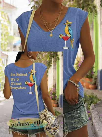 Dames I’m Retired It’s 5 O’clock Everywhere papegaaienprint casual mouwloos t-shirt - Blauw / S