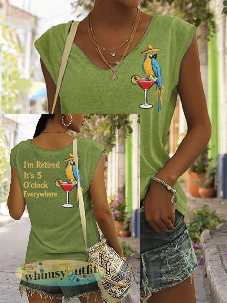 Dames I’m Retired It’s 5 O’clock Everywhere papegaaienprint casual mouwloos t-shirt - Groen / S