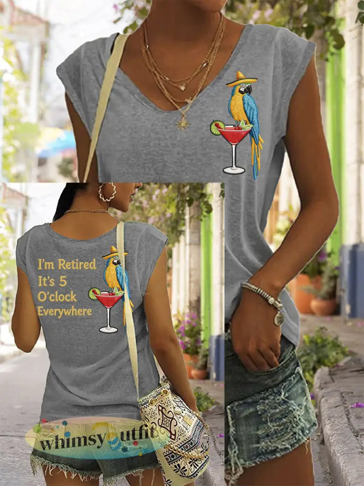 Dames I’m Retired It’s 5 O’clock Everywhere papegaaienprint casual mouwloos t-shirt - Lichtgrijs / S