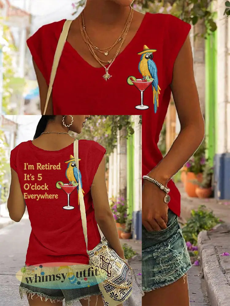 Dames I’m Retired It’s 5 O’clock Everywhere papegaaienprint casual mouwloos t-shirt - Rood / S