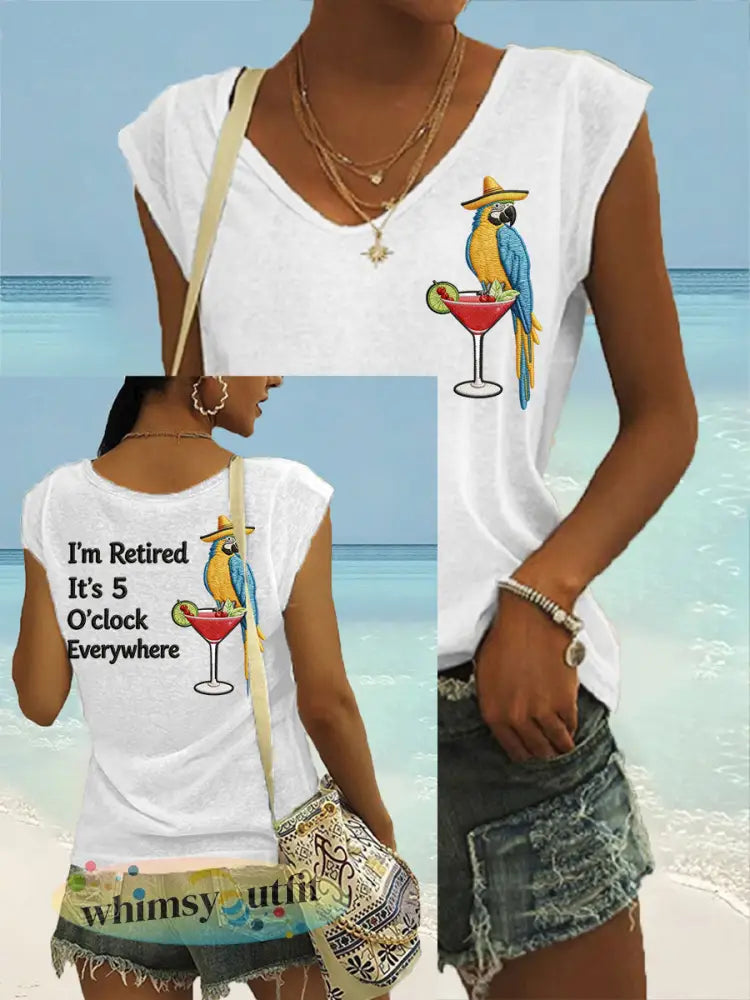 Dames I’m Retired It’s 5 O’clock Everywhere papegaaienprint casual mouwloos t-shirt - Wit / S