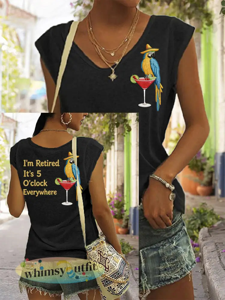 Dames I’m Retired It’s 5 O’clock Everywhere papegaaienprint casual mouwloos t-shirt - Zwart / S