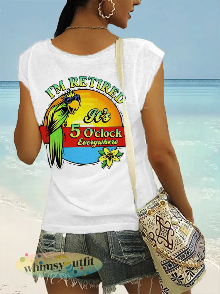 Dames I’m Retired It’s 5 O’clock Everywhere papegaaienprint casual T-shirt met V-hals