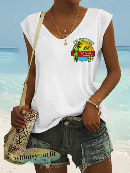 Dames I’m Retired It’s 5 O’clock Everywhere papegaaienprint casual T-shirt met V-hals