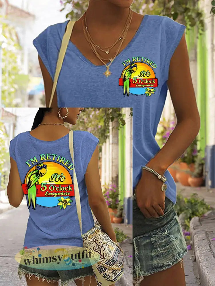 Dames I’m Retired It’s 5 O’clock Everywhere papegaaienprint casual T-shirt met V-hals - Blauw / S