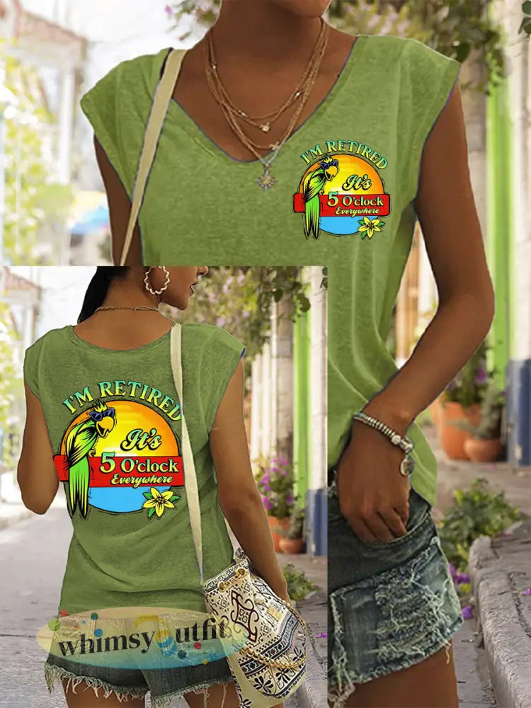 Dames I’m Retired It’s 5 O’clock Everywhere papegaaienprint casual T-shirt met V-hals - Groen / S