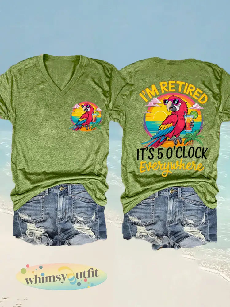 Dames I’m Retired It’s 5 O’clock Everywhere papegaaienprint casual T-shirt met V-hals - Groen / S