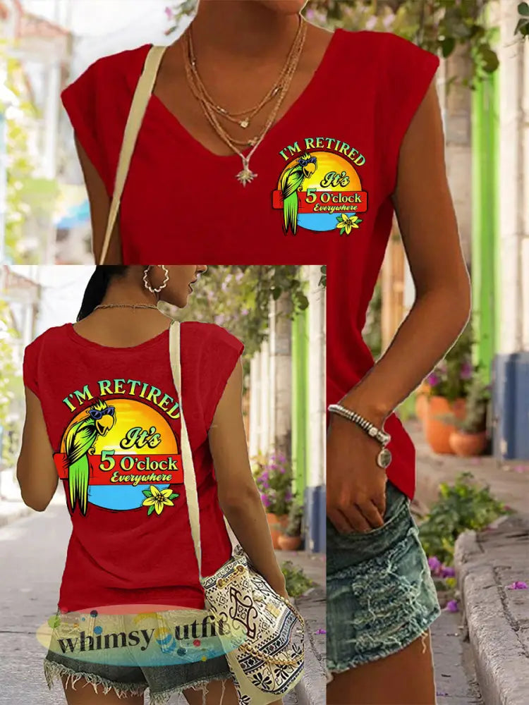 Dames I’m Retired It’s 5 O’clock Everywhere papegaaienprint casual T-shirt met V-hals - Rood / S