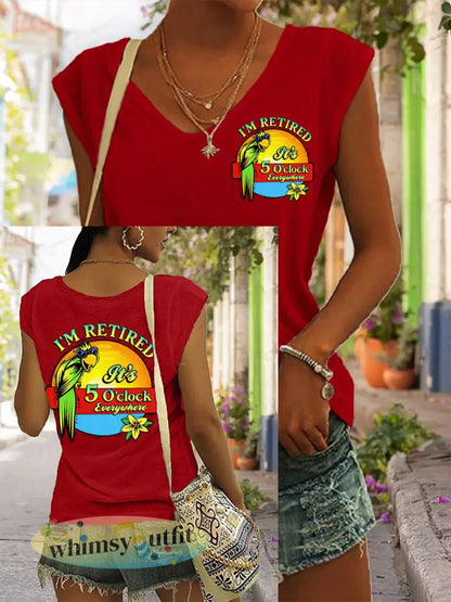 Dames I’m Retired It’s 5 O’clock Everywhere papegaaienprint casual T-shirt met V-hals - Rood / S