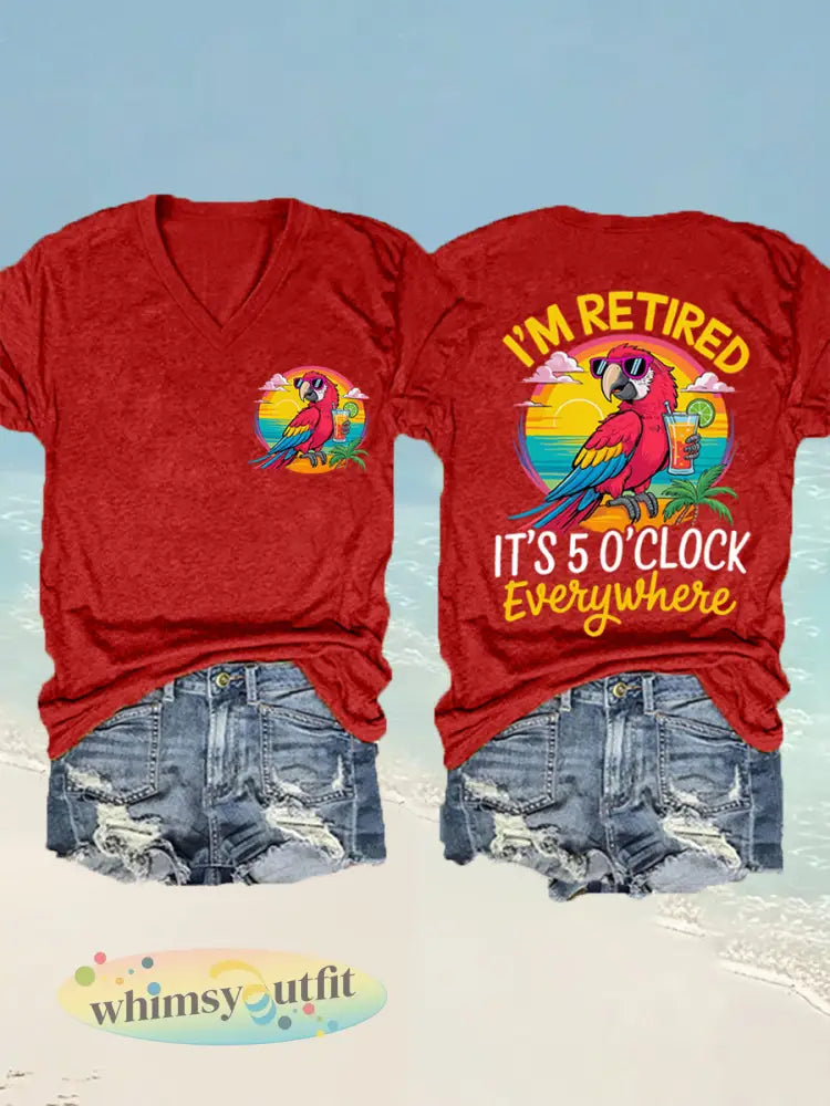 Dames I’m Retired It’s 5 O’clock Everywhere papegaaienprint casual T-shirt met V-hals - Rood / S