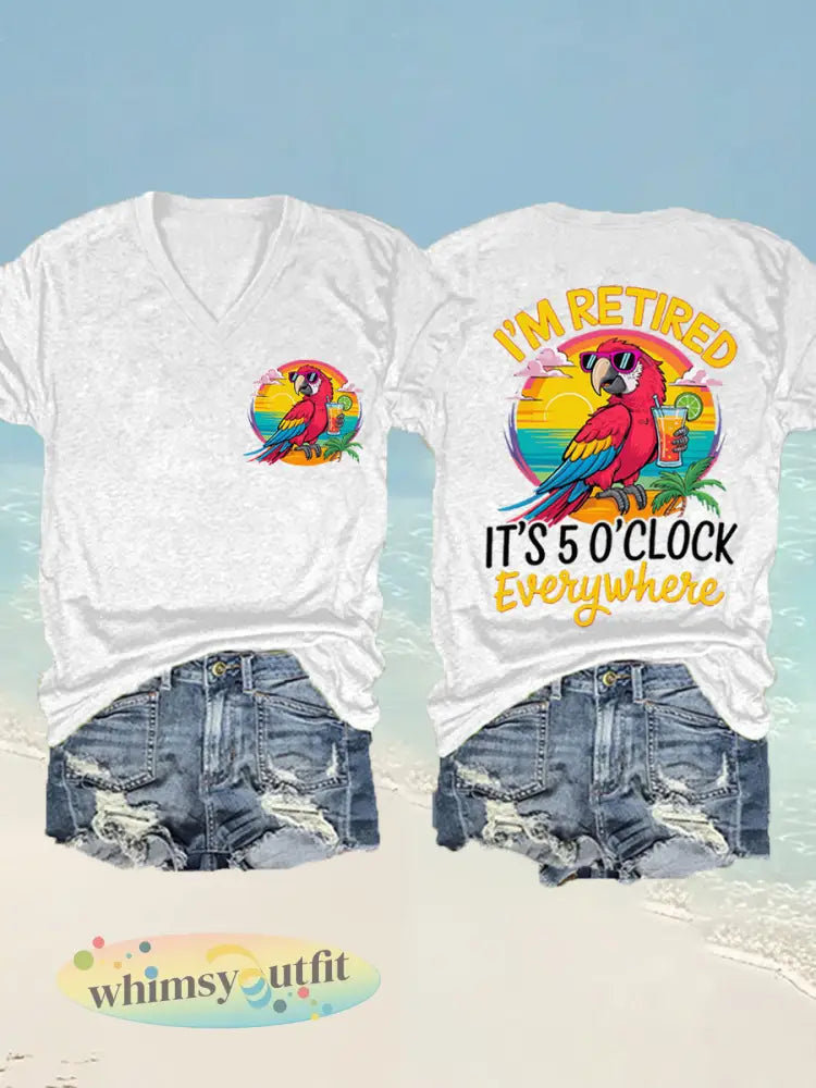 Dames I’m Retired It’s 5 O’clock Everywhere papegaaienprint casual T-shirt met V-hals - Wit / S