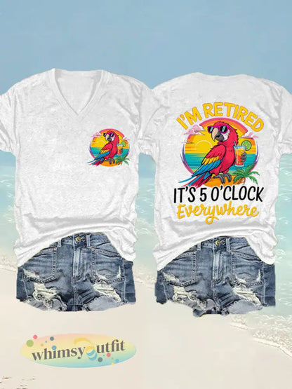 Dames I’m Retired It’s 5 O’clock Everywhere papegaaienprint casual T-shirt met V-hals - Wit / S