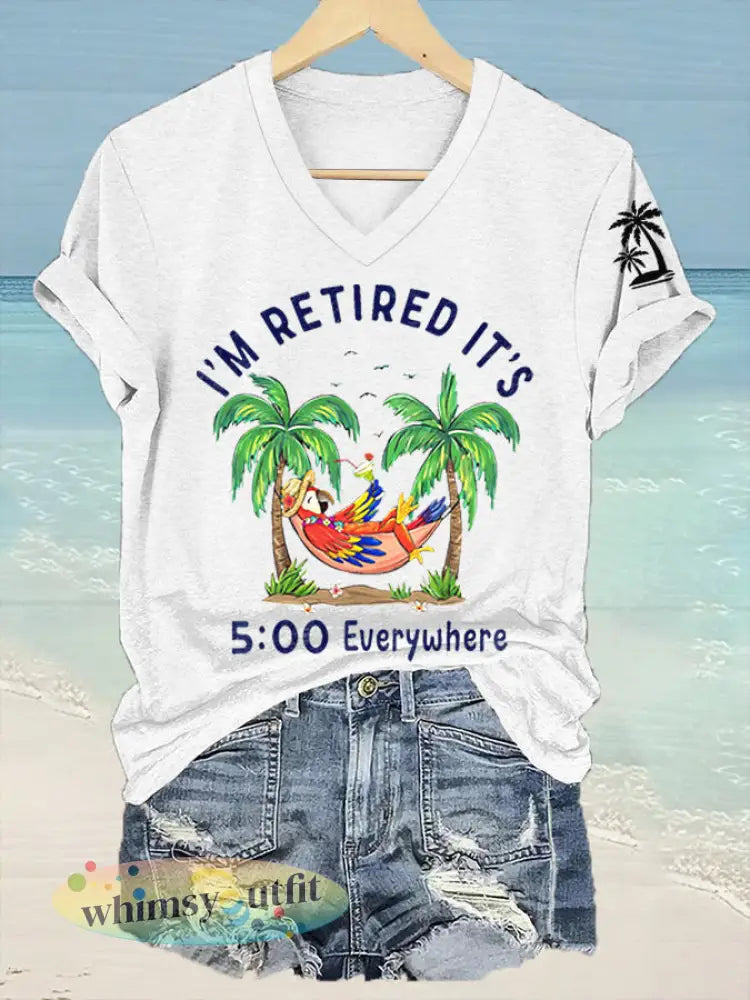 Dames I’m Retired It’s 5 O’clock Everywhere papegaaienprint casual T-shirt met V-hals - Wit / S