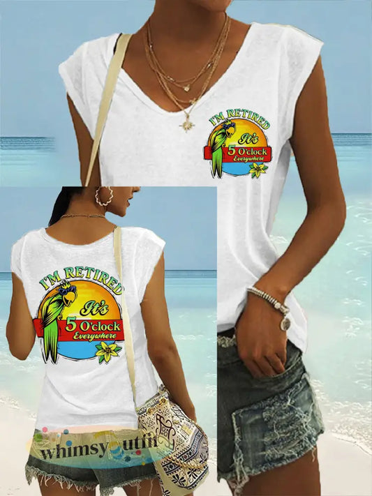 Dames I’m Retired It’s 5 O’clock Everywhere papegaaienprint casual T-shirt met V-hals - Wit / S