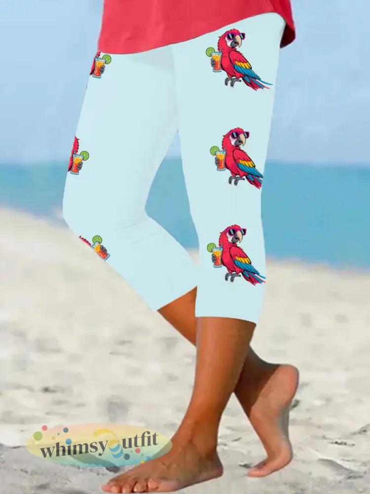 Dames is het 5 uur klok ergens papegaaien print casual cropped leggings - Lichtblauw / S