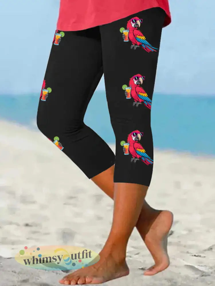 Dames is het 5 uur klok ergens papegaaien print casual cropped leggings - Zwart / S