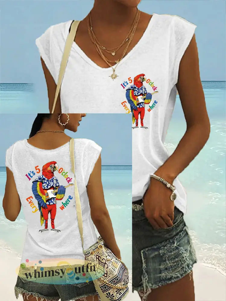 Dames Jimmy Buffet stijl Het is 5 uur overal gekleurd katoen T-shirt - Wit / S
