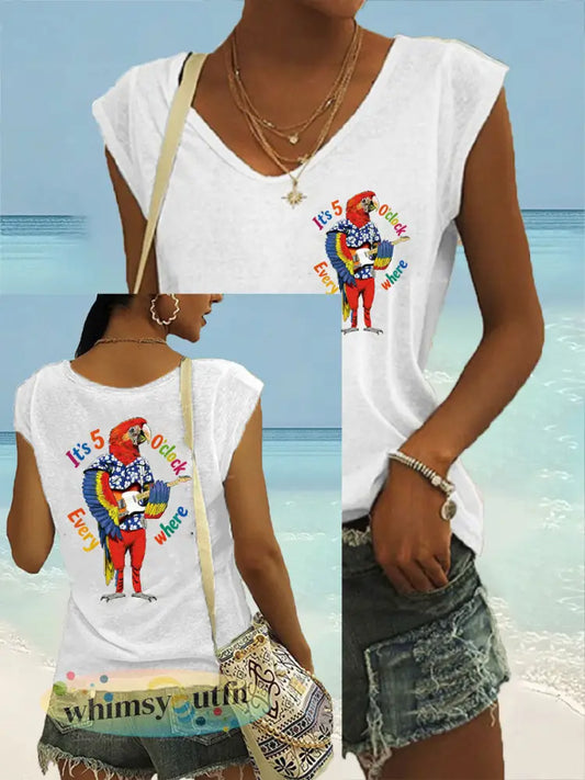 Dames Jimmy Buffet stijl Het is 5 uur overal gekleurd katoen T-shirt - Wit / S