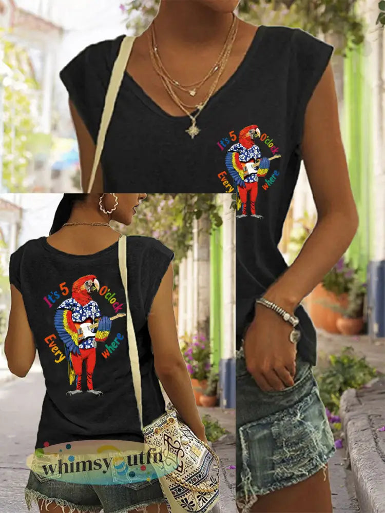 Dames Jimmy Buffet stijl Het is 5 uur overal gekleurd katoen T-shirt - Zwart / S