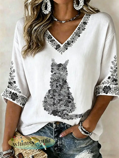 Dames kat en bloemenprint halflange mouwen V-hals T-shirt - Wit / S