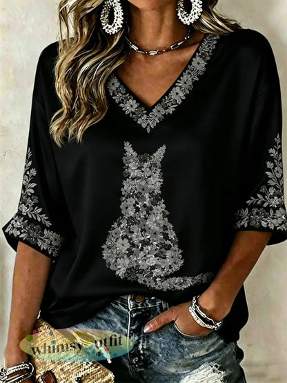 Dames kat en bloemenprint halflange mouwen V-hals T-shirt - Zwart / S
