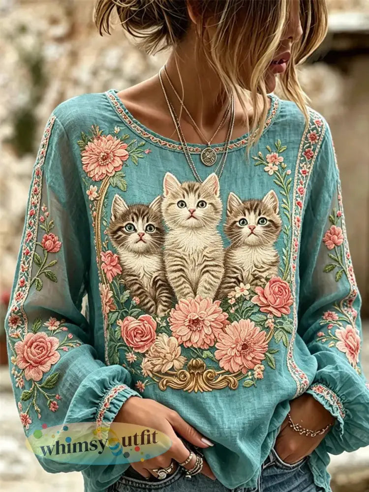 Dames kat geborduurd print shirt - als foto / S