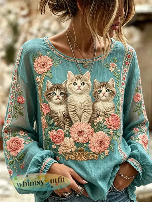 Dames kat geborduurd print shirt - als foto / S