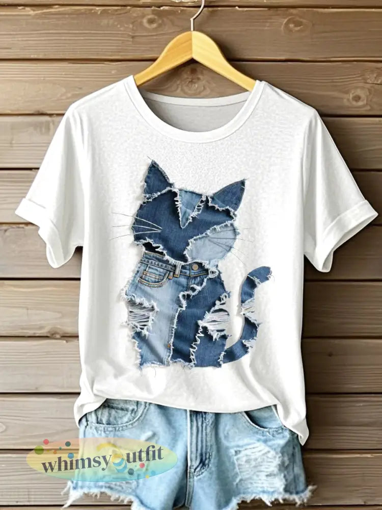 Dames kat patroon denim patchwork kunst T-shirt - Wit / S