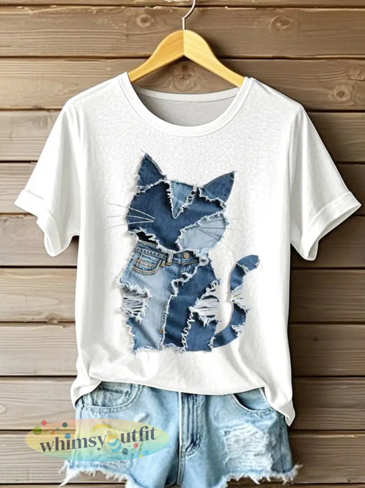 Dames kat patroon denim patchwork kunst T-shirt - Wit / S